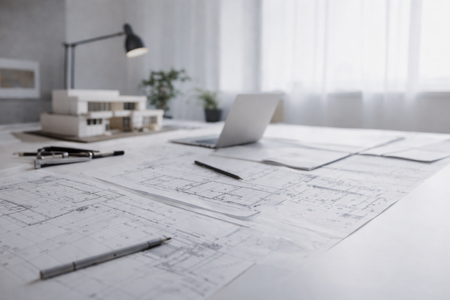 Arbeitsplatz mit technischen Zeichnungen und Architekturmodell